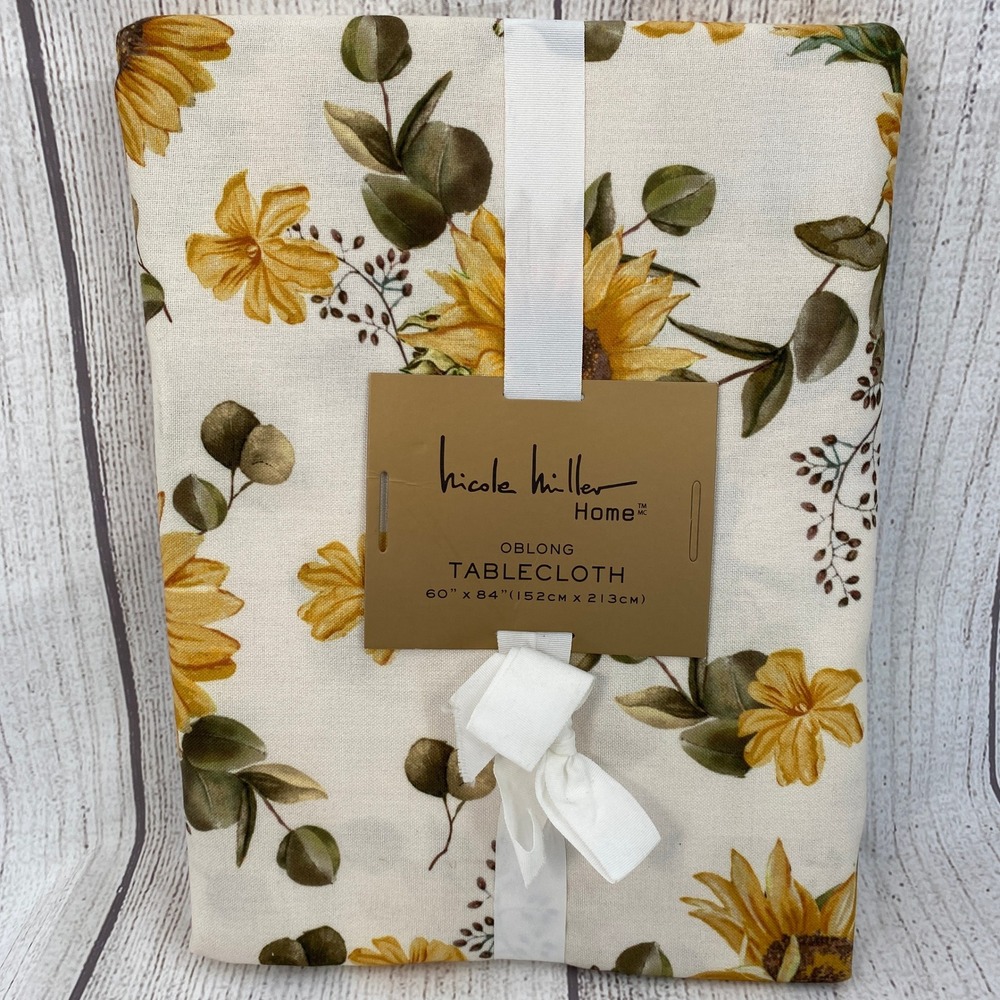 Nicole Miller Home Tablecloth 60x84 Cream Yellow Sunflower Eucalyptus Oblong
